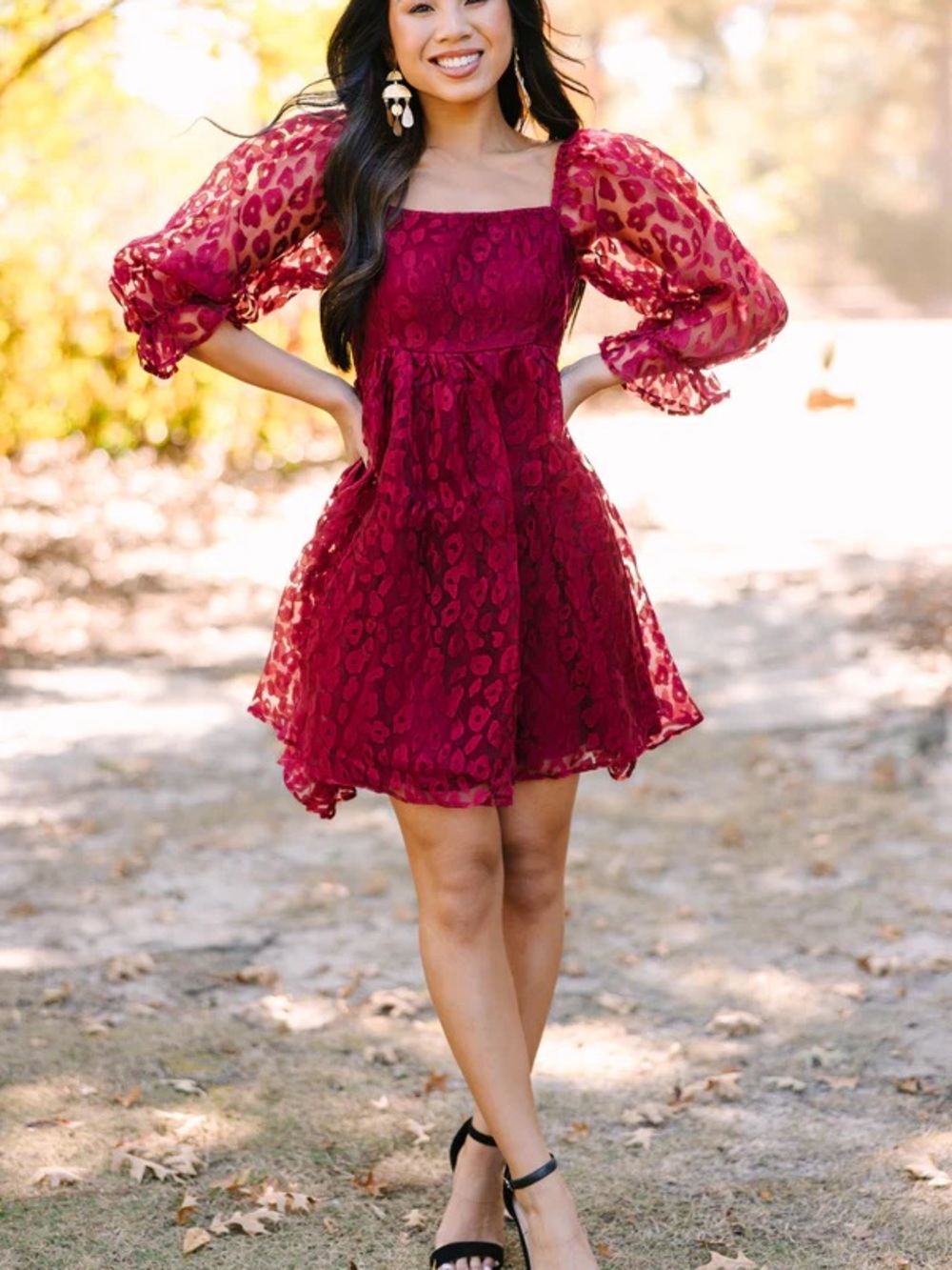 Burgundy Red Puff-Sleeve Babydoll Dress